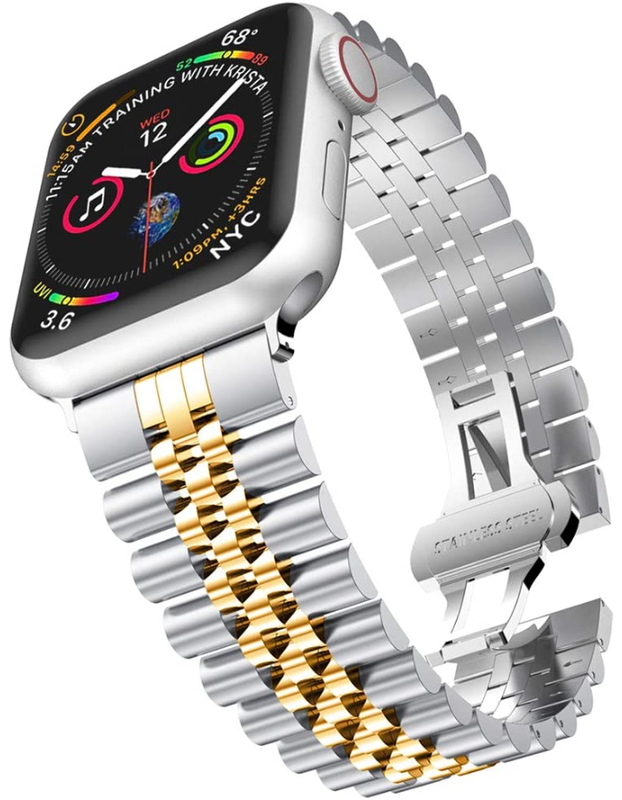 Caviar Compatible with Apple Watch Band 41mm 40mm 38mm, iWatch SE& Series 7 6 Band Replacement Stainless Steel Strap with Butterfly Folding Clasp Silver/Gold, 41mm/40mm/38mm