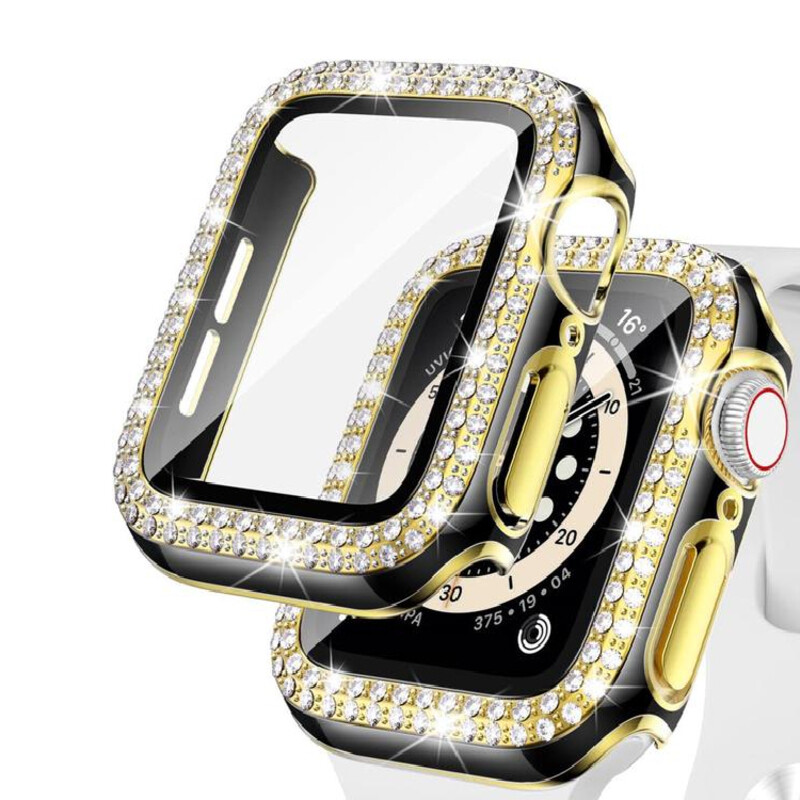 

Caviar Compatible For Watch Series 8 7 6 45mm Two Tone Color Double Row Glitter Rhinestone Bling Crystal Diamonds Anti Shock Protective Cover With HD