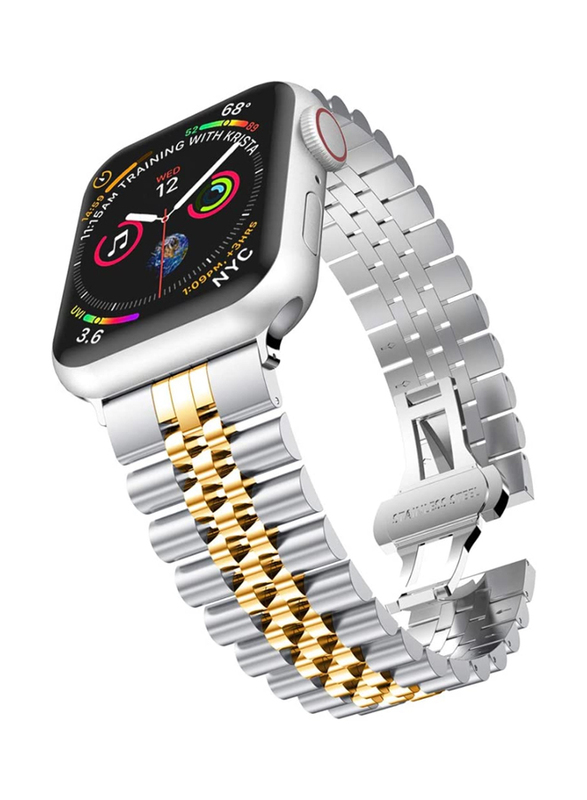 Caviar Stainless Steel Replacement Watch Band with Butterfly Folding Clasp for Apple iWatch Series SE 7/6/5/4/3/2/1 42mm/44mm/45mm, Silver/Gold