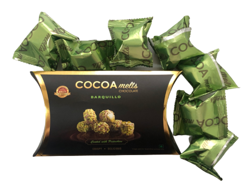 Barquillo PISTACHIOS Flavoured Pillow Pouch 60 Grams Pack Premium, Luxurious Chocolates Made in UAE with Best Quality, Tasty and Mouth Watering