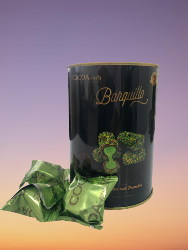Barquillo PISTACHIOS Flavoured Premium Chocolates 380 GRAMS TIN PACK  Made in UAE with Best Quality, Tasty and Mouth Watering used for Gifting