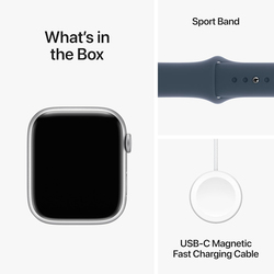 Apple Watch Series 9 - 45mm S/M Smartwatch, GPS, MR9D3, Silver Aluminum Case with Storm Blue Sport Band