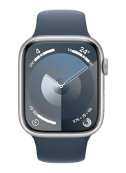 Apple Watch Series 9 - 41mm S/M Smartwatch, GPS + Cellular, MRHV3, Silver Aluminum Case with Storm Blue Sport Band