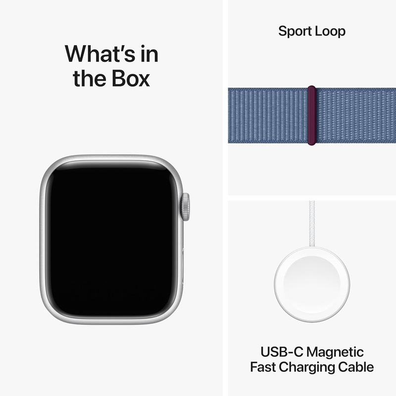 Apple Watch Series 9 - 45mm Smartwatch, GPS, MR9F3, Silver Aluminum Case with Winter Blue Sport Loop