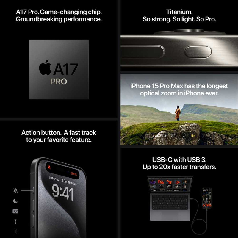 Apple iPhone 15 Pro 1TB Black Titanium, Without FaceTime, 8GB RAM, 5G, Single SIM Smartphone, Middle East Version