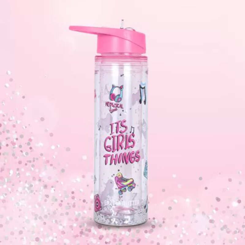 Eazy Kids Tritan Double Wall Glitter Water Bottle, 550ml, It's Girls Things Pink