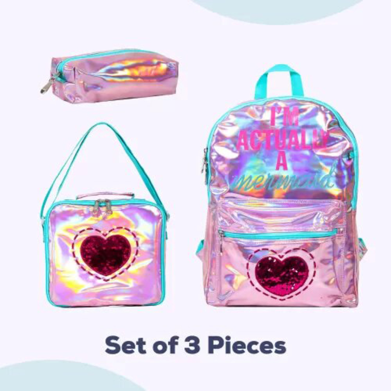 Eazy Kids 17-inch Mermaid Love School Bag Lunch Bag Pencil Case Set of 3, Pink