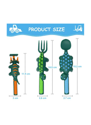 Eazy Kids 3-Piece Spoon Fork & Pusher, Dinosaur Dark Green