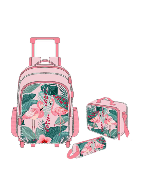 Eazy Kids 5-Piece Tropical Trolley School Bag Set, Pink