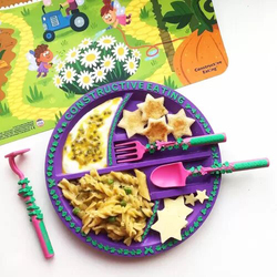 Eazy Kids Eating Plate with Spoon, Fork & Pusher, Gardening Purple