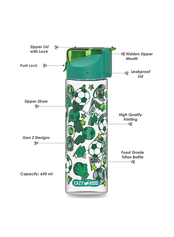 Eazy Kids Tritan Soccer 2 In 1 Flip lid And Sipper Water Bottle, 650ml, Green