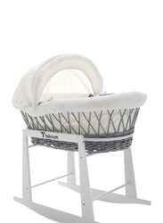 Teknum Infant Wicker Moses Basket with White Waffle Beddings & White Rocker Stand, Wooden Grey