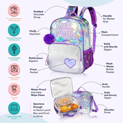 Eazy Kids 18-inch Girl Power School Bag Lunch Bag Pencil Case Set of 3, Purple