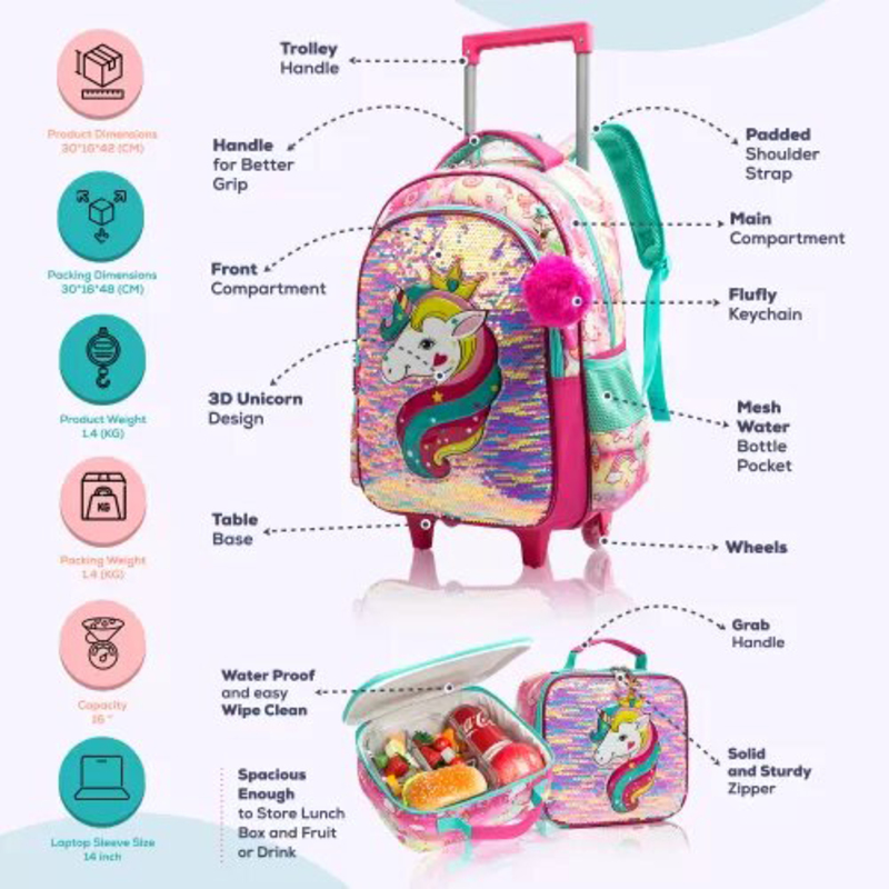 Eazy Kids 16-inch Set of 3 Unicorn Trolley School Bag Lunch Bag & Pencil Case, Pink