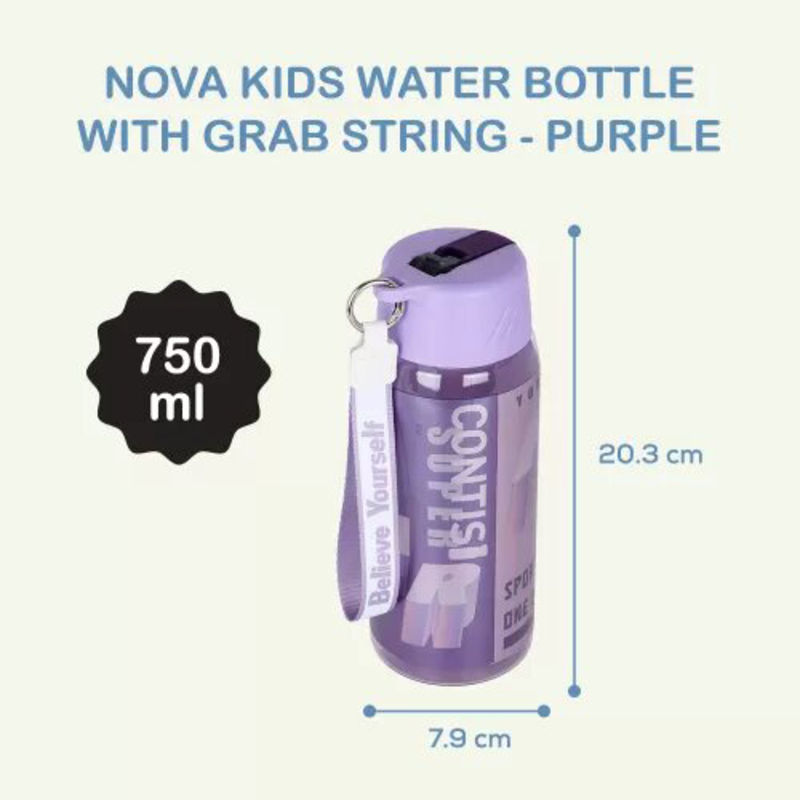 Nova Kids Water Bottle with Grab String, 750ml Purple