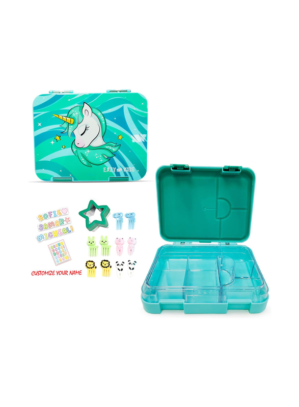 Eazy Kids 6 & 4 Convertible Bento Unicorn Lunch Box with Sandwich Cutter Set for Kids, Green
