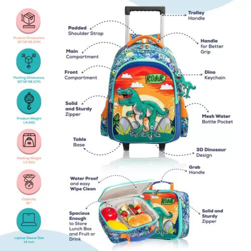 Eazy Kids 17-inch Set of 3 Dinosaur Trolley School Bag Lunch Bag & Pencil Case, Orange