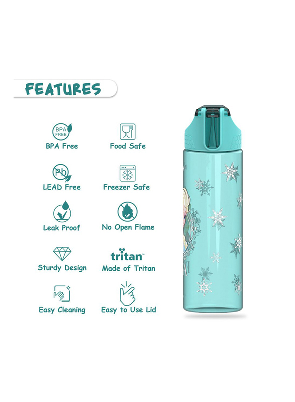 Eazy Kids Disney Frozen Princess Elsa 2-in-1 Tritan Water Bottle for Kids, 650ml, Green