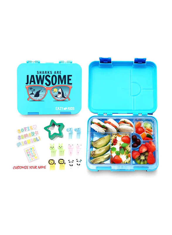 Eazy Kids Jawsome 6/4 Compartment Bento Lunch Box for Kids, with Lunch Bag & Steel Food Jar, Blue
