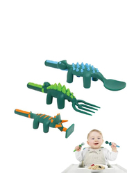 Eazy Kids 3-Piece Spoon Fork & Pusher, Dinosaur Dark Green