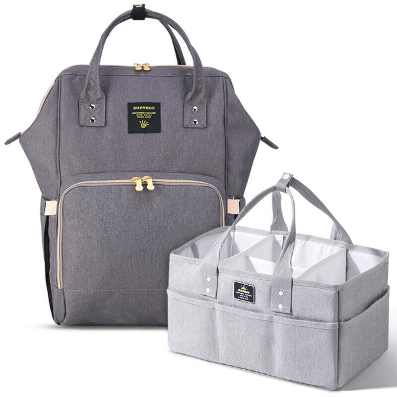 Sunveno Diaper Bag w/ USB + Diaper Caddy - Grey