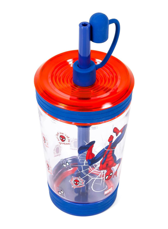 Eazy Kids Marvel Beyond Amazing Spider Man Tritan Sipper Tumbler Water Bottle with Straw & Leash Lid for Kids, 480nl, Blue