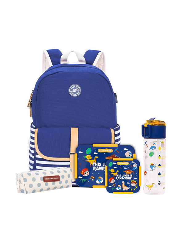 Eazy Kids Dinosaur School Bag Combo Set of 5, Blue