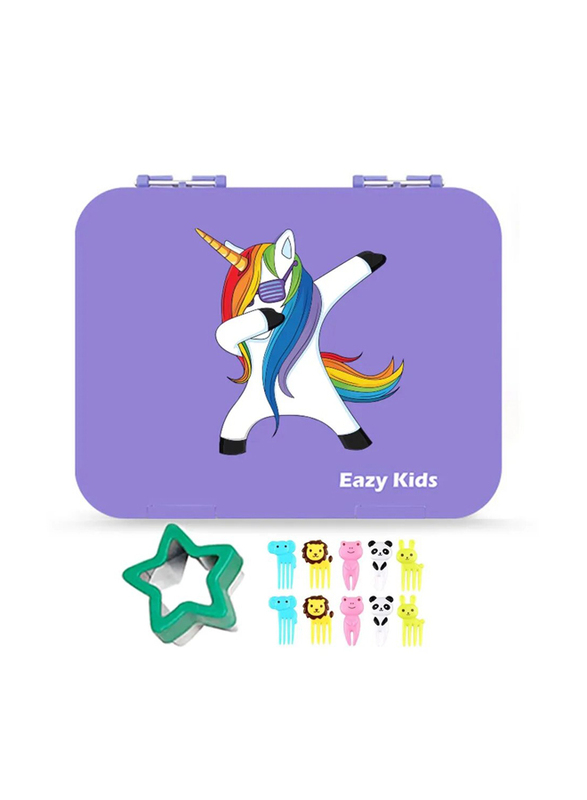 Eazy Kids Unicorn 6 Compartment Bento Lunch Box for Kids, with Lunch Bag, Purple/Grey
