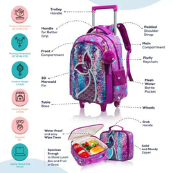 Eazy Kids 18-inch Set of 3 Mermaid Trolley School Bag Lunch Bag & Pencil Case, Purple