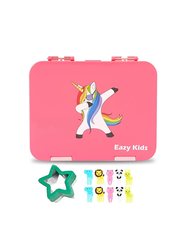 Eazy Kids Unicorn 6/4 Compartment Bento Lunch Box for Kids, with Lunch Bag, Pink