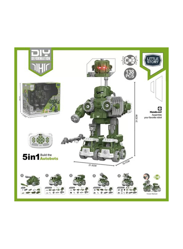 Little Story 5-in-1 Military Robot Transformation Vehicle Kids Toy with Remote Control, Ages 3+, Green/Grey