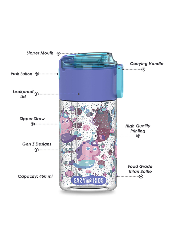 Eazy Kids Mermaid Lunch Box Set And Tritan Water Bottle With Snack Box, 450ml, Purple