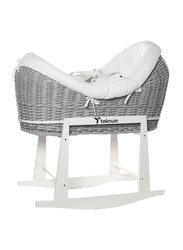 Teknum Infant Wicker Pod Moses Basket with White Waffle Beddings & White Rocker Stand, Wooden Grey
