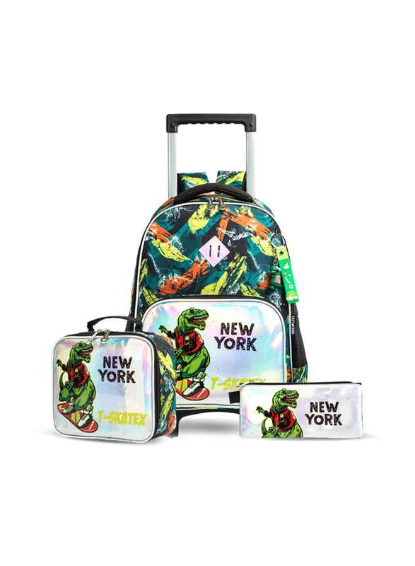 Eazy Kids 17-inch Set of 3 Dinosaur Trolley School Bag Lunch Bag & Pencil Case New York, Green