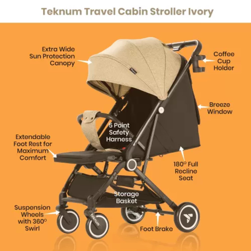 Teknum Travel Cabin Stroller with Coffee Cup Holder, Ivory
