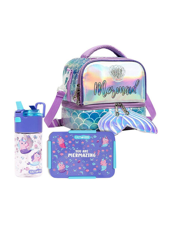 

Eazy Kids Mermaid Lunch Bag Set for Kids, 3 Pieces, Purple