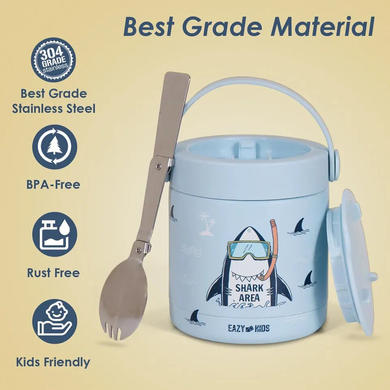 Eazy Kids Super Shark Stainless Steel Insulated Food Jar for Kids, 350ml, Blue