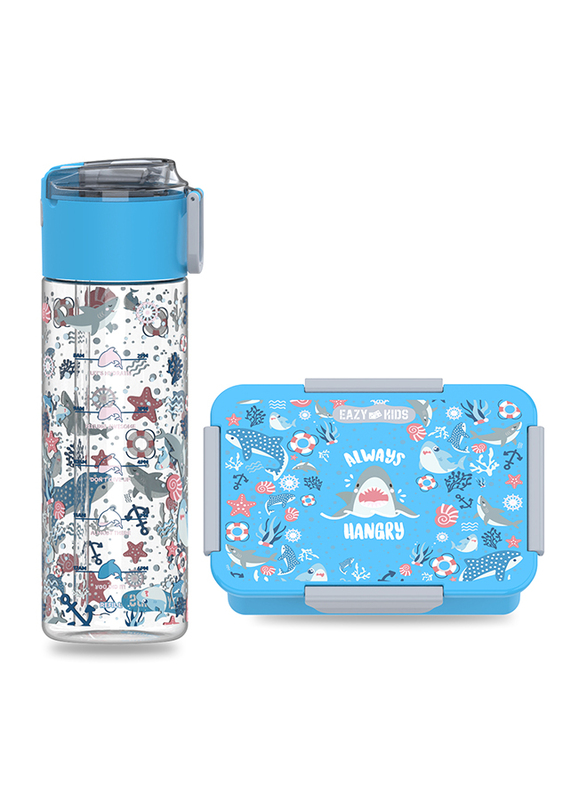 Eazy Kids Shark Lunch Box And Tritan Water Bottle With Snack Box, 450ml, Blue