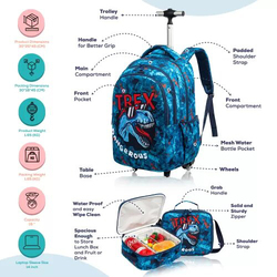Eazy Kids 18-inch Set of 3 T-Rex Dinosaur Trolley School Bag Lunch Bag & Pencil Case, Blue