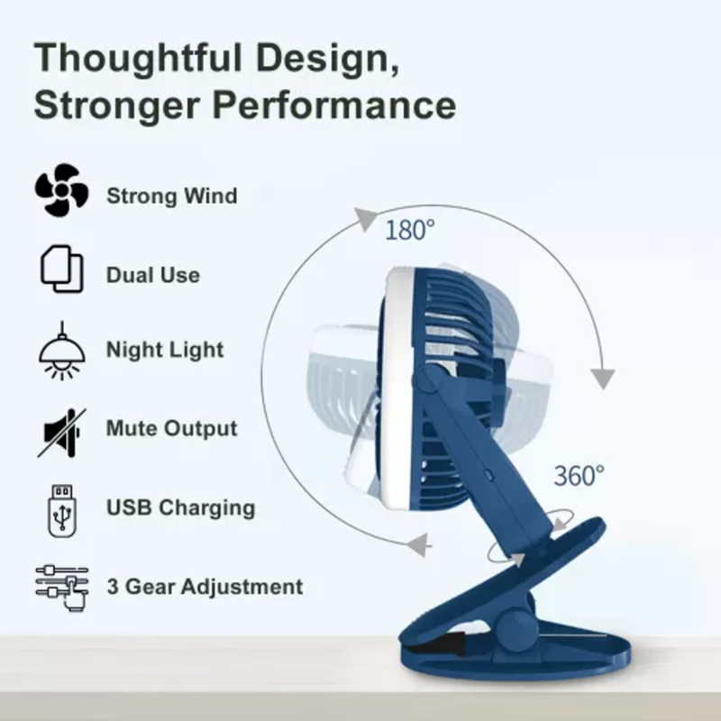 Teknum 2-in-1 Stroller USB Charging Fan for Kids Unisex, with Light, Blue