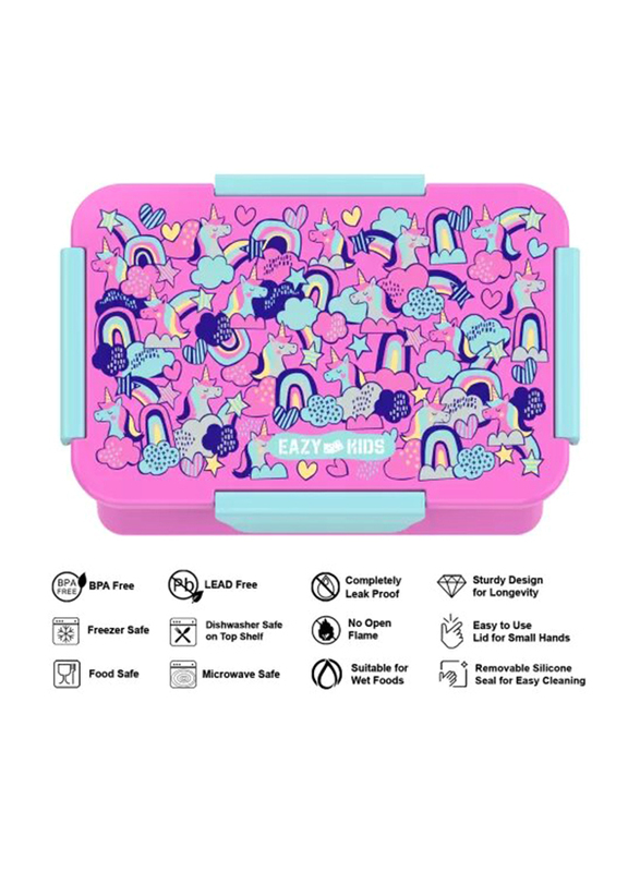 Eazy Kids Lunch Box, Unicorn, 3+ Years, 850ml, Pink