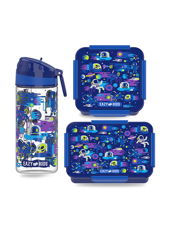 

Eazy Kids Astronauts Lunch Box Set And Tritan Carry Handle Water Bottle, 420ml, Blue