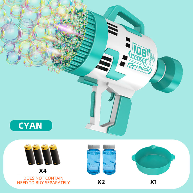 Little Story 108 Holes Battery Operated Bubble Machine Gun with Light and Bubble Maker for Kids, Ages 3+, Cyan/White