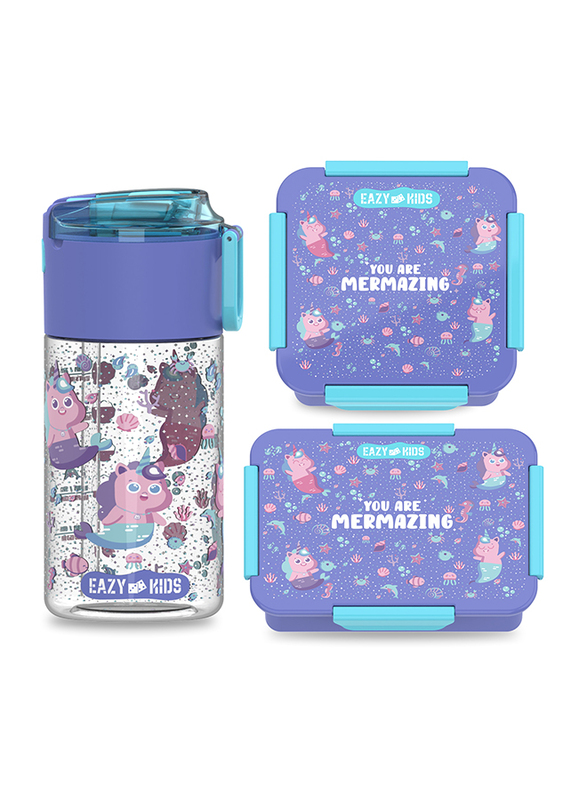 Eazy Kids Mermaid Lunch Box Set And Tritan Water Bottle With Snack Box, 450ml, Purple