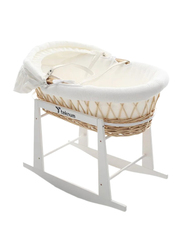 Teknum Infant Wicker Moses Basket with White Waffle Beddings & White Rocker Stand, Wooden Brown