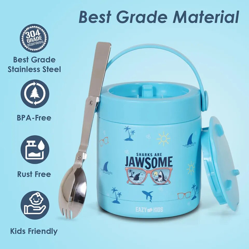 Eazy Kids Jawsome Shark Stainless Steel Insulated Food Jar for Kids, 350ml, Blue