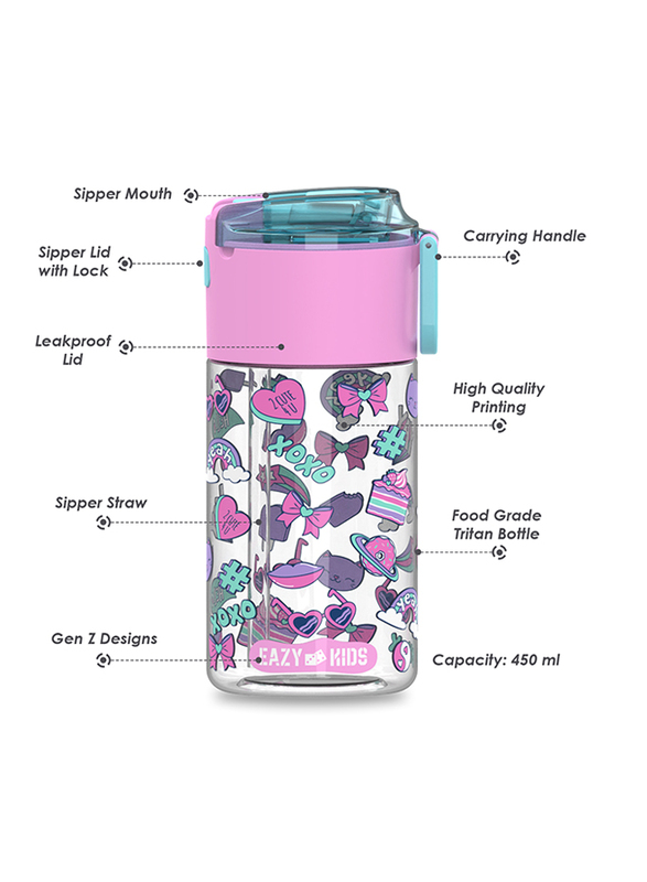 Eazy Kids Gen Z Lunch Box Set And Tritan Water Bottle With Snack Box, 450ml, Pink