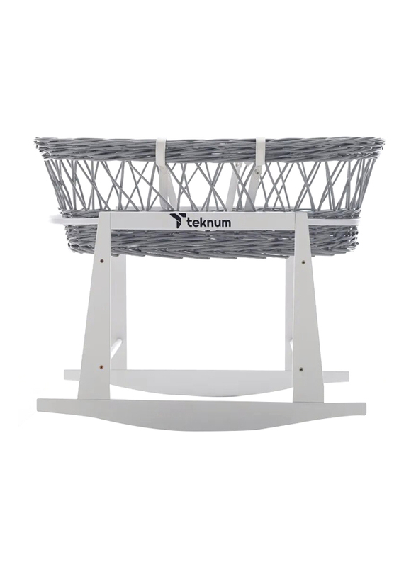 Teknum Infant Wicker Moses Basket with White Waffle Beddings & White Rocker Stand, Wooden Grey