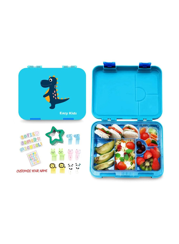 Eazy Kids Dinosaur 6/4 Compartment Bento Lunch Box for Kids, with Lunch Bag, Blue