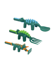 Eazy Kids 3-Piece Spoon Fork & Pusher, Dinosaur Dark Green